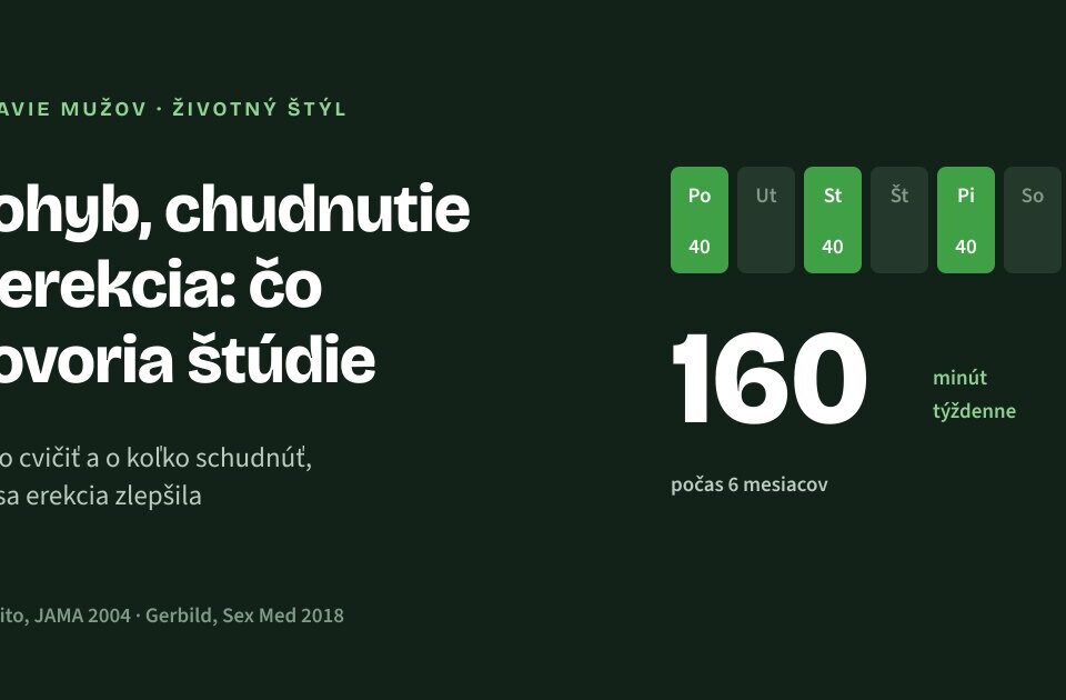 Pohyb, chudnutie a erekcia: čo hovoria vedecké štúdie Týždenný plán aeróbneho pohybu 4-krát 40 minút, spolu 160 minút týždenne